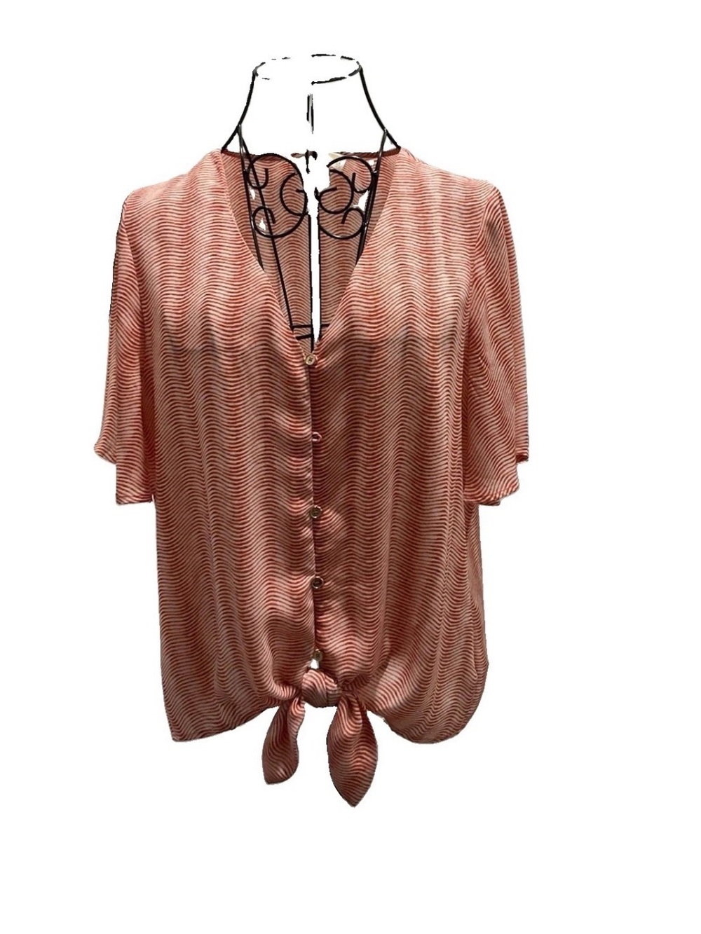 Michael Kors Tie-Front Blouse in Rust Cream Wave Print Flutter  Sleeve Sz Med